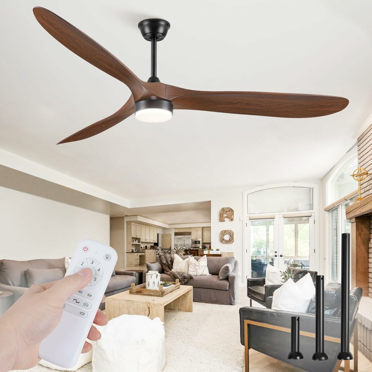70 inch Propeller Ceiling Fan With Light, Led Large Ceiling Fan with 6 Speeds, 3 ABS Wood Grain Blades Outdoor Ceiling Fans for Patios, Porch, Bedroom, 1/4/8H Timing- Deep Walnut